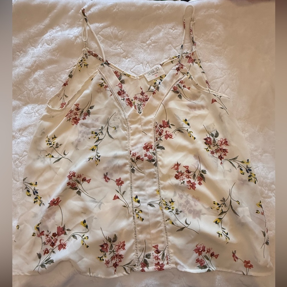 Sienna Sky Floral Print Cami Tank Top Cream Pink Yellow M - EUC